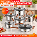 Set 12 Piezas de Ollas y Sartenes de Acero Inoxidable con Diseño de Madera