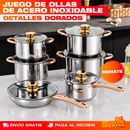Juego 12 Piezas de Ollas y Sartenes de Acero Inoxidable con Detalles Dorados