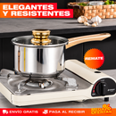 Juego 12 Piezas de Ollas y Sartenes de Acero Inoxidable con Detalles Dorados