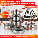 Set 12 Piezas de Ollas y Sartenes de Acero Inoxidable con Diseño de Madera