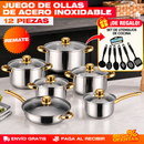 Juego 12 Piezas de Ollas y Sartenes de Acero Inoxidable con Detalles Dorados
