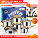 Juego 12 Piezas de Ollas y Sartenes de Acero Inoxidable con Detalles Dorados