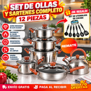 Set 12 Piezas de Ollas y Sartenes de Acero Inoxidable con Diseño de Madera