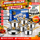 Juego 12 Piezas de Ollas y Sartenes de Acero Inoxidable con Detalles Dorados