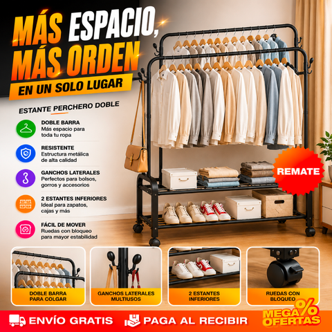 ESTANTE PERCHERO DOBLE – Organiza toda la ropa y los zapatos sin closet de obra · No toca clavar nada