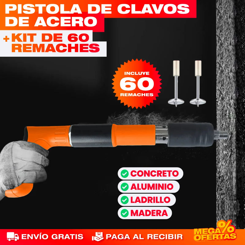 PISTOLA DE CLAVOS DE ACERO + KIT 60 REMACHES SOLO POR HOY