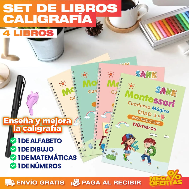 PROMO 2X1 SET DE 4 LIBROS DE CALIGRAFÍA CON TINTA MÁGICA REUTILIZABLE